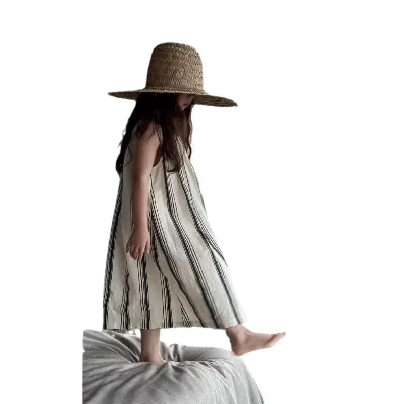Crianças roupas meninas vestido sem mangas nova moda verão 2025 estilo coreano listra vertical francês retro vestido de férias