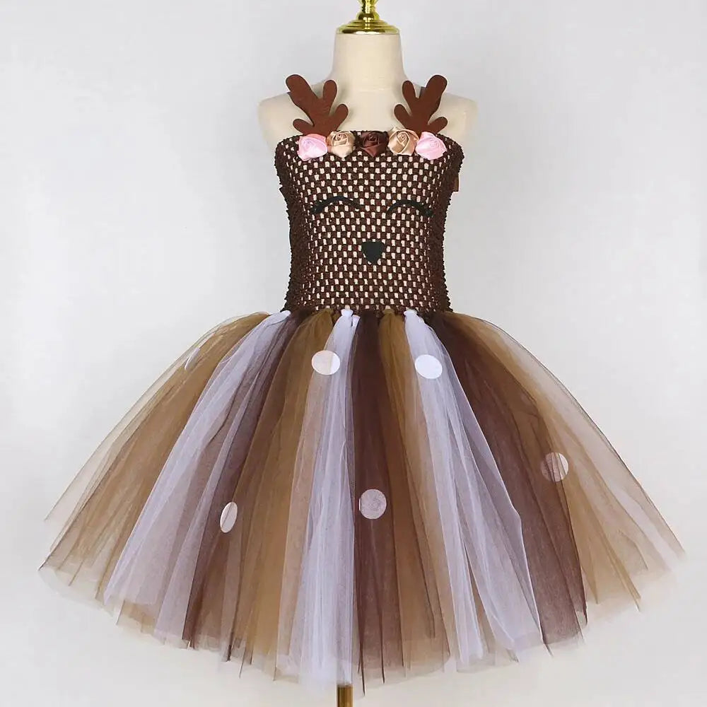 Bebê meninas trajes de veados de natal para crianças flor rena vestidos de princesa crianças natal ano novo ballet tutus outfit com arco