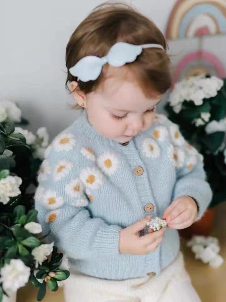 Little maven bebê meninas camisola linda luz azul roupas casuais outono crianças cardigan casaco bonito para crianças 2-7 anos