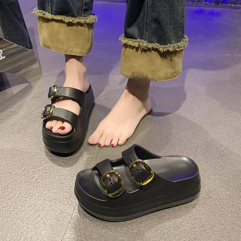 Chinelos de plataforma para mulheres, cor sólida, antiderrapante, sola grossa, para uso interno, praia, verão