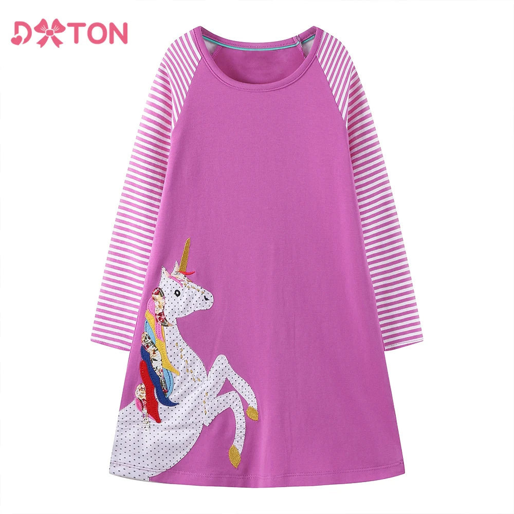 Dxton outono algodão crianças vestido casual apliques crianças em linha reta vestido diário manga listrada meninas vestido escolar