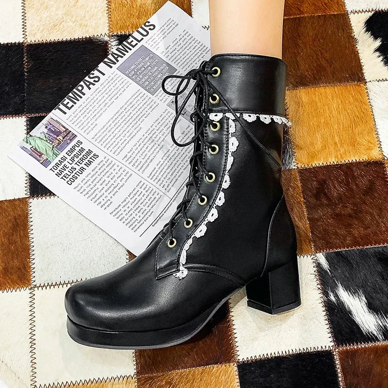 Moda feminina lolita meados de bezerro botas outono inverno elegante senhora cosplay sapatos de festa plataformas couro plus size botas dropship