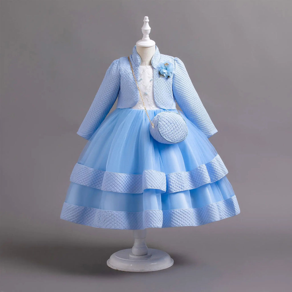 Novo outono/inverno vestido de festa de manga longa elegante menina bordado vestido de desempenho de natal saco de presente para crianças de 3 a 11 anos