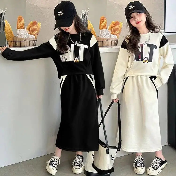 Roupas de Inverno e Outono 2026 para Meninas e Adolescentes: Blusas com Letras, Moletom com Capuz + Saias com Fenda para Idades de 4 a 13 Anos