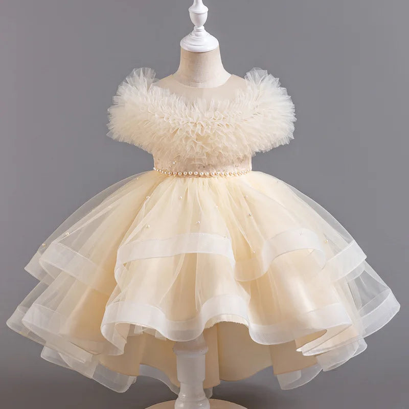 Moda cor sólida menina vestido de noite renda malha sem mangas vestido de festa para crianças menina verão crianças meninas vestido de festa 3-12years