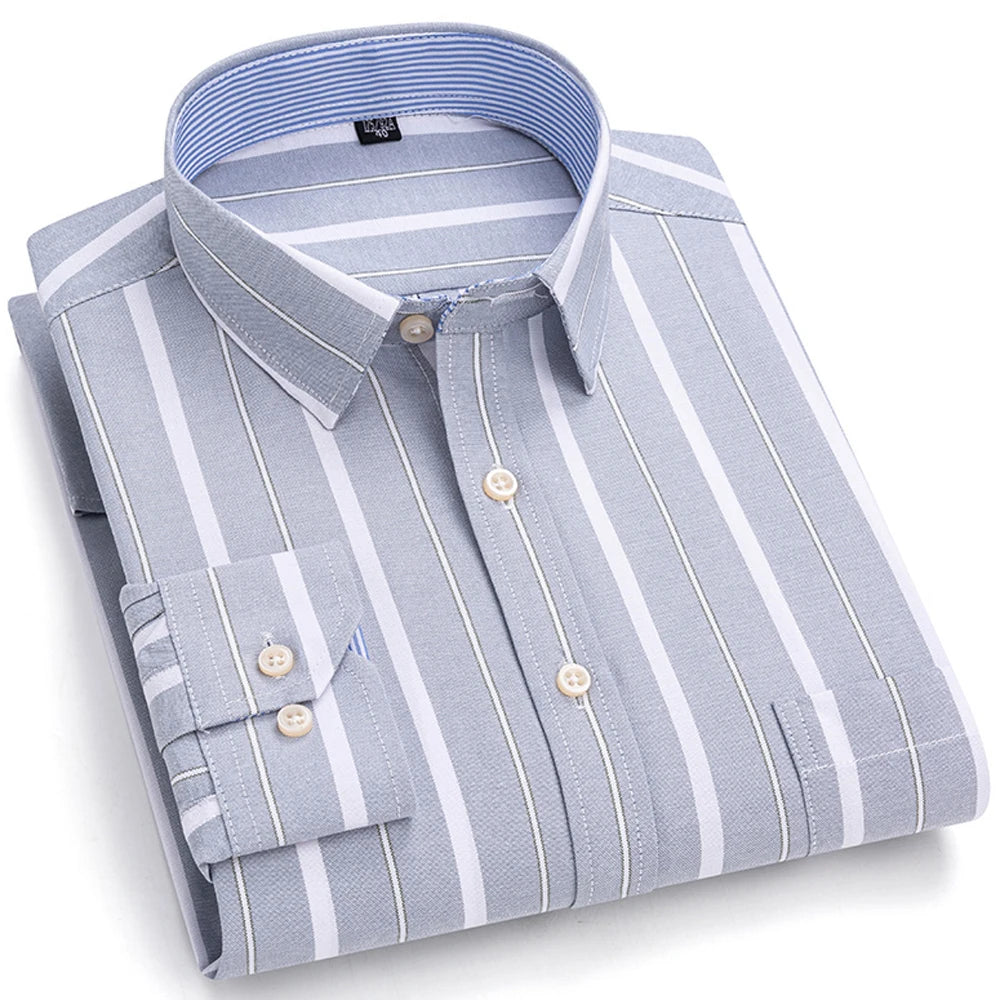 Camisas de vestido de algodão com design de gola de lapela listrada xadrez na moda masculina, camisa casual de manga comprida com botões para primavera/outono