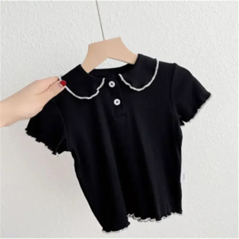 T-shirts de Peter Pan Collar infantil, infantil, meninas, fofo, casual, sólido, preto, branco, estilo coreano, verão, nova chegada, 2022