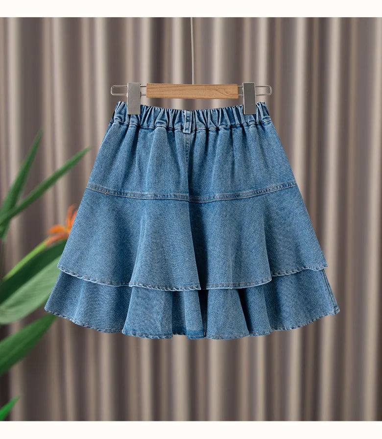 Saia curta jeans feminina com plissado, saia casual infantil, moda verão, combina com tudo, 4 a 12 anos, para crianças em escolas adolescentes, em camadas