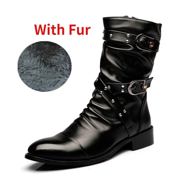 Inverno apontou toe botas de cano médio masculino fivela cinta chelsea bota para homens de couro botas de motocicleta alta superior homem sapato de inverno