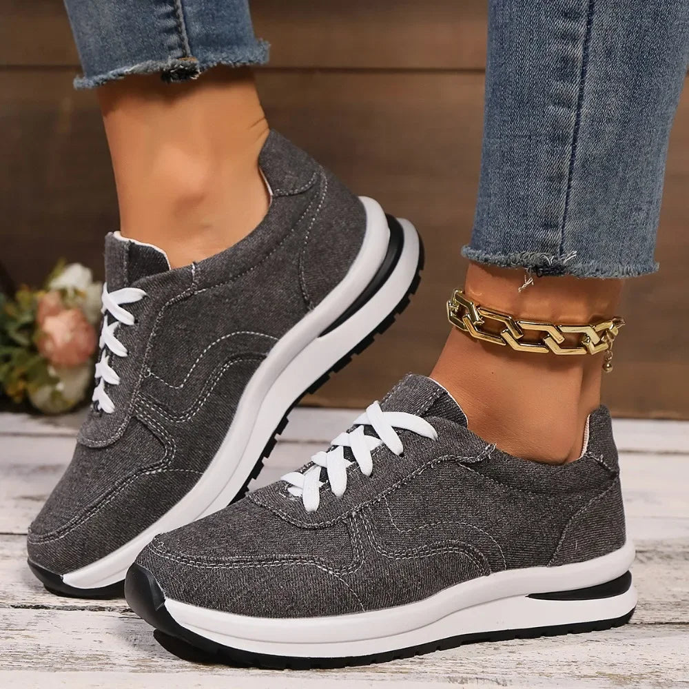 Azul denim plataforma tênis moda feminina sola grossa rendas até sapatos esportivos mulher plus size 43 confortável casual tênis femininos