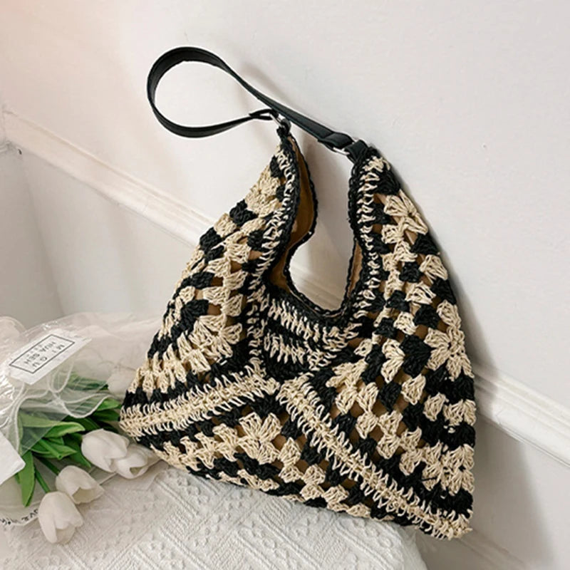 Bolsa de ombro de palha tecida feminina popular bolsa de tamanho médio com alça para férias na praia