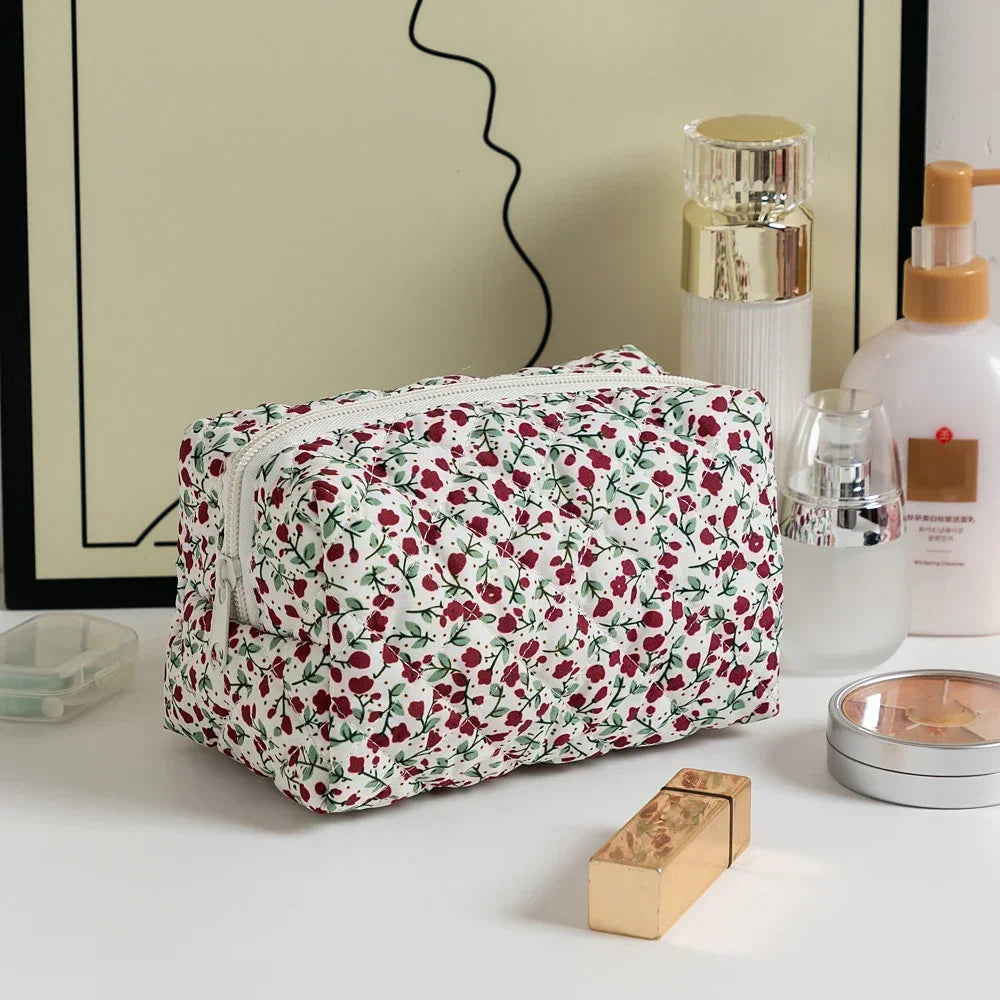 Sacos de maquiagem florais acolchoados com zíper bonito impressão flor organizador de armazenamento acessório de maquiagem saco de higiene pessoal grande saco de cosméticos feminino