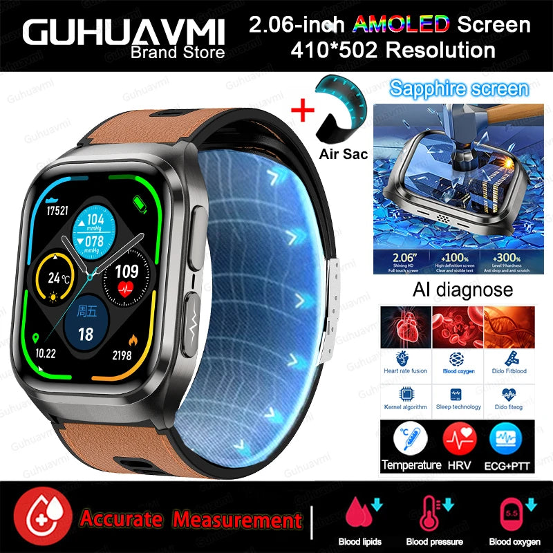 Novo Relógio de Saúde 2026: Medição Precisa de Pressão Arterial, Ácido Úrico e Lipídios no Sangue – Smartwatch Masculino e Feminino à Prova d'Água com Airbag