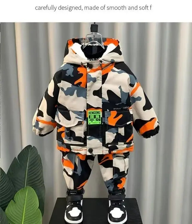 Casaco de blusão infantil com capuz, jaqueta de menino coreano, roupas infantis, camuflagem bonito, quente, inverno, outono, novo
