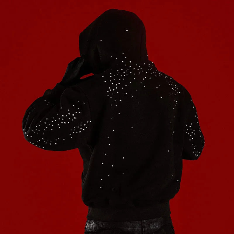 Outono inverno americano hip hop vintage manga comprida moletom com capuz gótico escuro cruz apliques decorado zíper cardigan casaco de rua alta