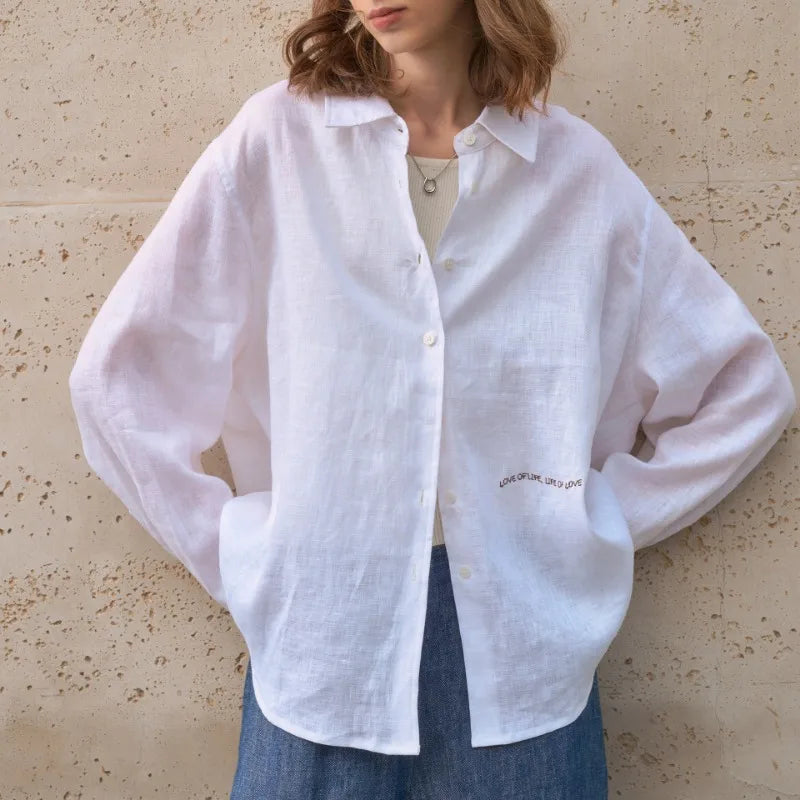 Camisa Feminina 100% Linho 2026 Nova Coleção Primavera Verão Casual com Gola Lapela Cardigã Protetor Solar Bordado Manga Longa Branca