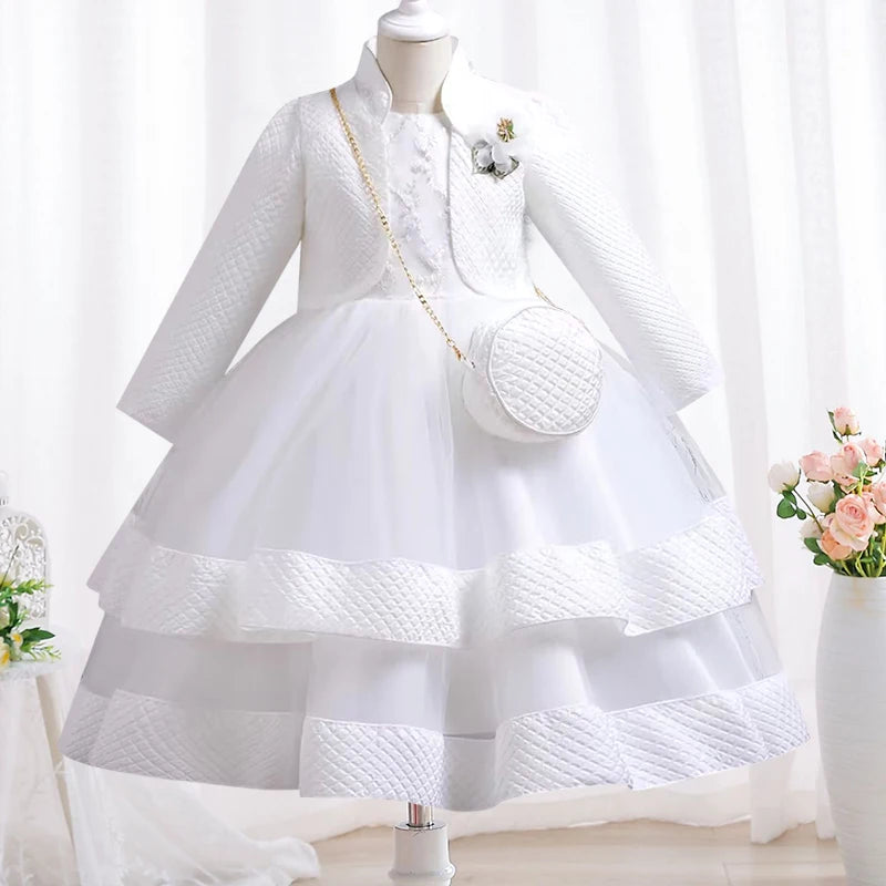 Novo outono/inverno vestido de festa de manga longa elegante menina bordado vestido de desempenho de natal saco de presente para crianças de 3 a 11 anos