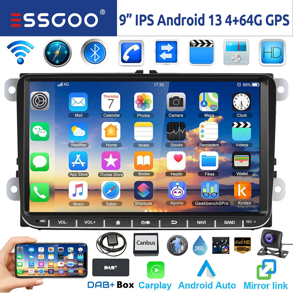 Essgoo 9 "android 14 4g + 64g Wireless  carplay carro estéreo gps navi wifi rds fm bt para vw golf 5 6 passat polo touran tiguan caddy eos