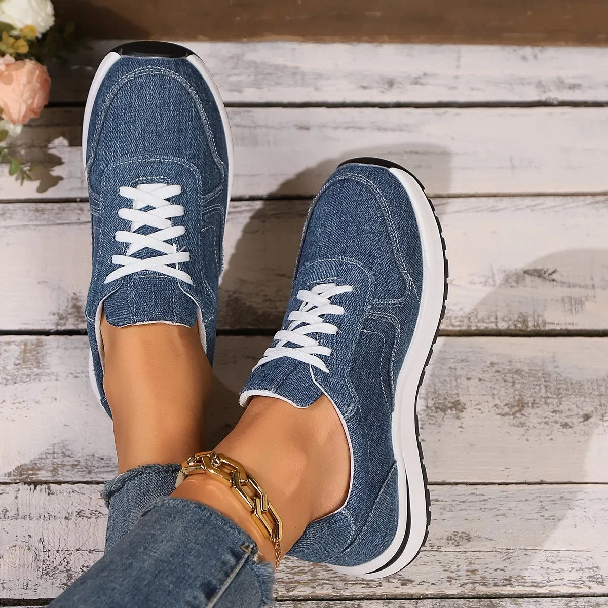 Azul denim plataforma tênis moda feminina sola grossa rendas até sapatos esportivos mulher plus size 43 confortável casual tênis femininos