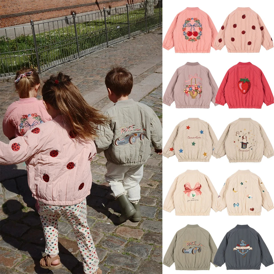 Novo 2025 ks meninas dos desenhos animados algodão velo casacos de inverno da criança meninos jaqueta de lã de cordeiro crianças casaco bordado crianças outwear roupas