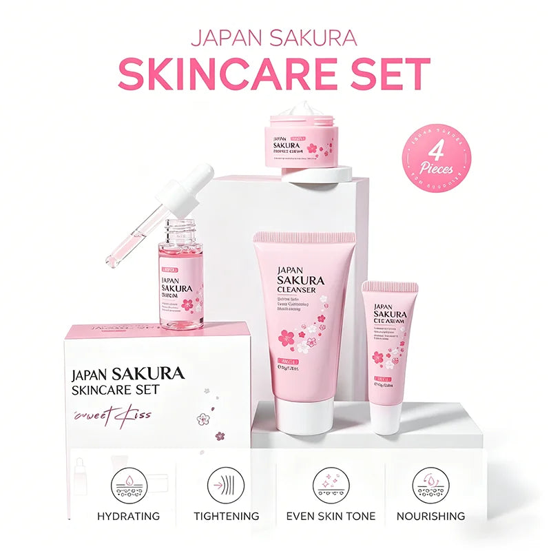 Conjuntos de cuidados com a pele Laikou Sakura com limpador, sérum, creme para os olhos, creme essencial, produtos de beleza para mulheres, presente de Natal.
