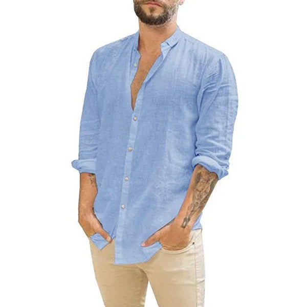 Camisa de linho respirável masculina, confortável, cor sólida, manga comprida, solta, Harajuku, blusa casual, camisa havaiana, breve, 2022
