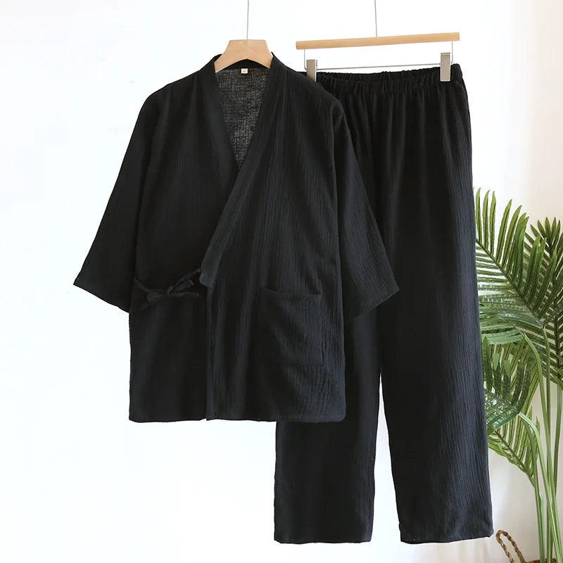 Primavera/outono japonês quimono pijamas masculinos pijamas masculinos gaze fina algodão rendas topo + calças soltas de duas peças homewear