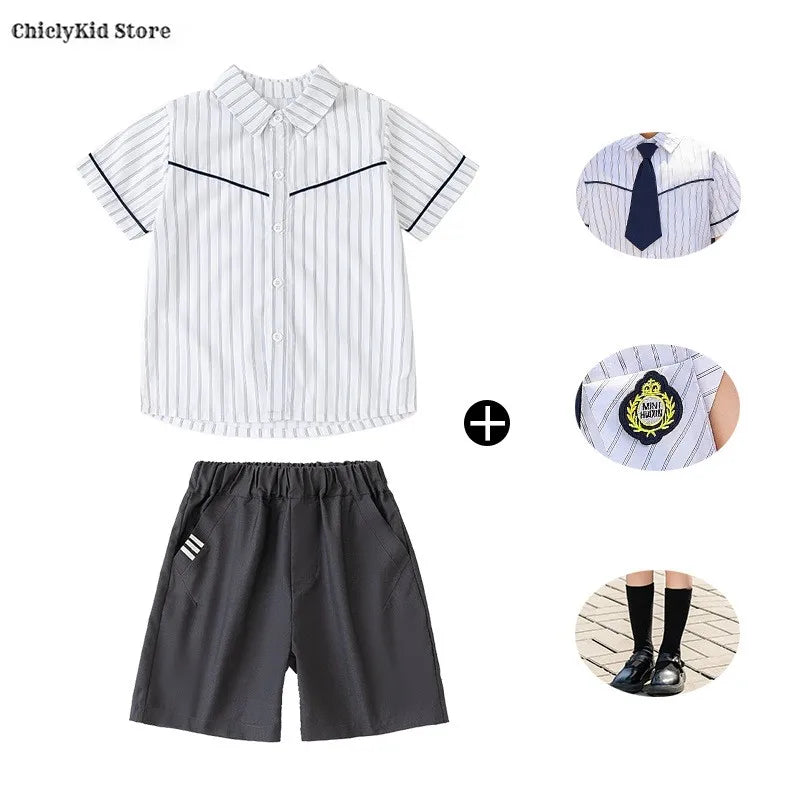 Meninas coreano japonês preppy listrado blusa saias meninos camisas shorts crianças conjuntos de roupas verão estudantes uniformes escolares