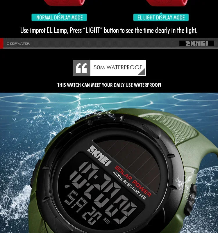 Skmei 1405 esporte digital relógios de pulso dos homens solar para energia ambientalmente alarme masculino reloj hombre relógios luminosos