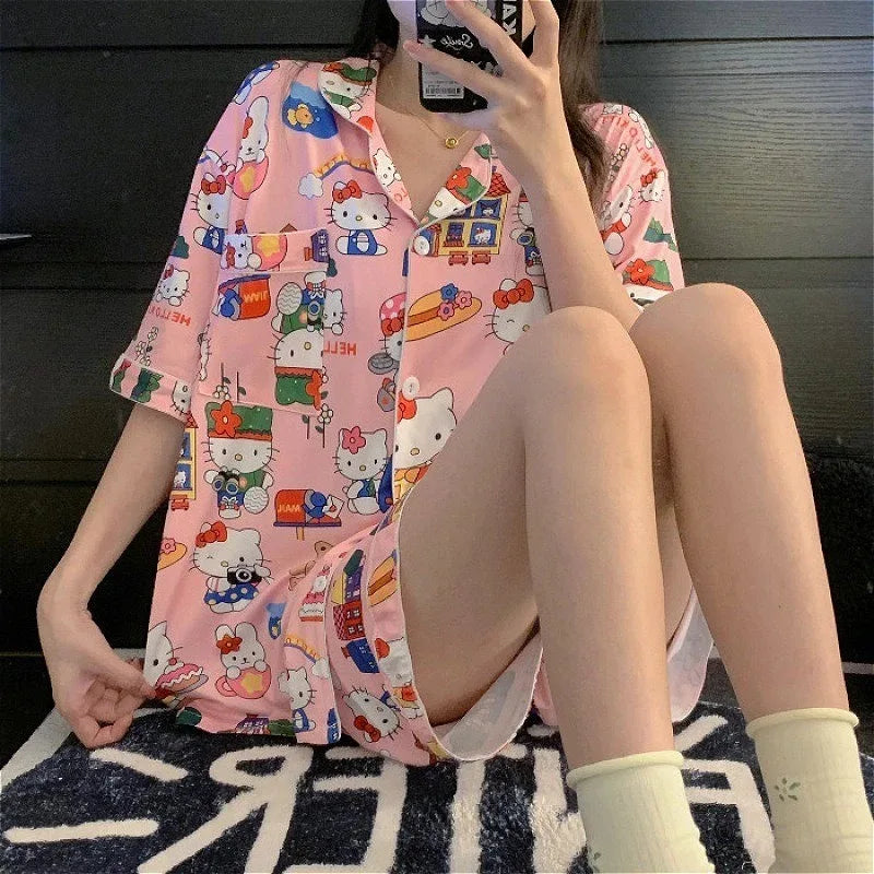 Olá kitty meninas bonito pijamas conjuntos de camisola solta dos desenhos animados macio manga curta topos shorts doce roupas femininas pijamas verão