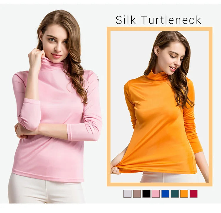 SuyaDream feminino gola alta, pulôveres sólidos de manga comprida, seda natural de malha, camiseta de fundo chique, top primavera outono 2025