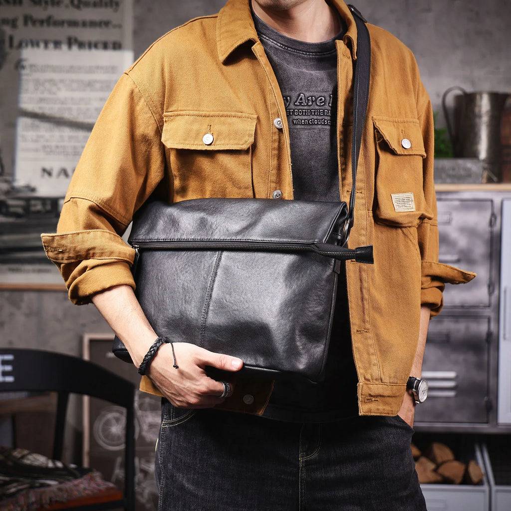 Bolsa de Ombro Masculina em Couro Genuíno, Bolsa Transversal para Laptop, Couro Bovino de Camada Superior, Couro Vegetal, Moda Casual