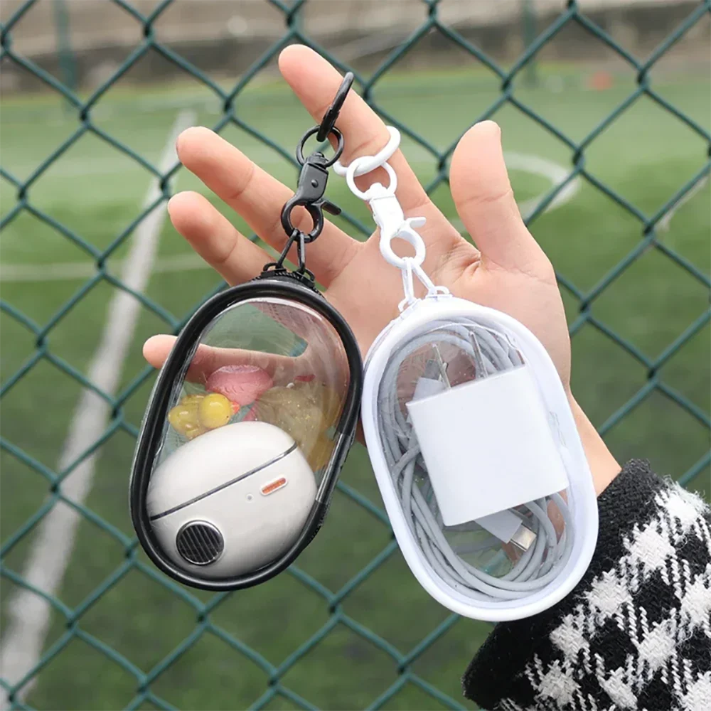Mini saco de armazenamento com zíper transparente, chaveiro portátil, boneca de desenho animado, organizador de brinquedos para fones de ouvido, carregadores, cabo de dados, sacos de presente