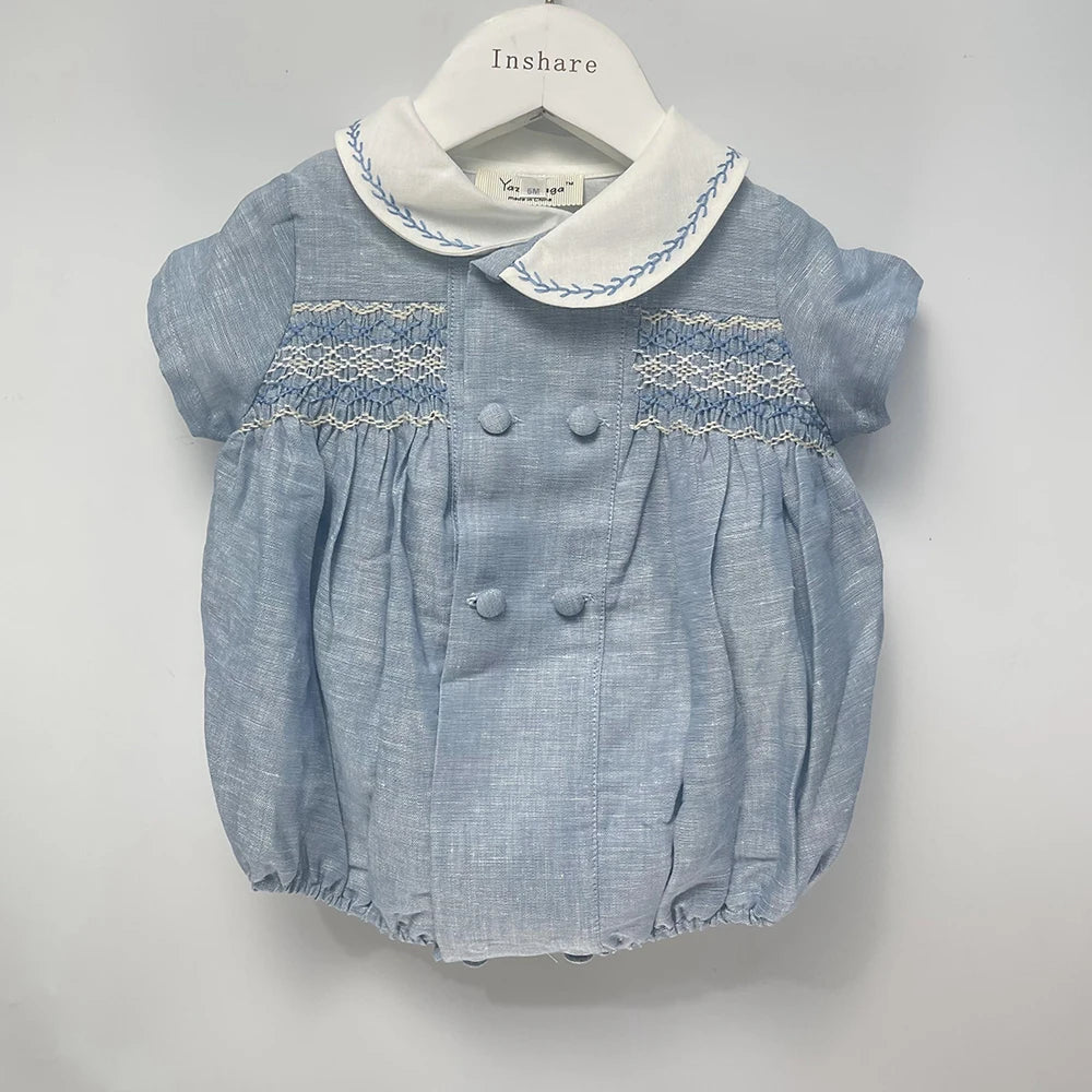 Roupa de boutique infantil, artesanal para menino, conjunto bordado, algodão azul, manga curta, roupa de irmãos, batizado, aniversário