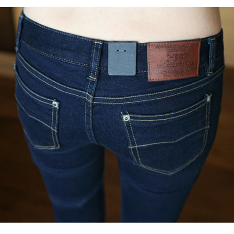 Calça Jeans Fena Skinny de Cintura Baixa Elástica e Esticável para Outono, Calça Longa Preta de Nove Pontos com Efeito Le...