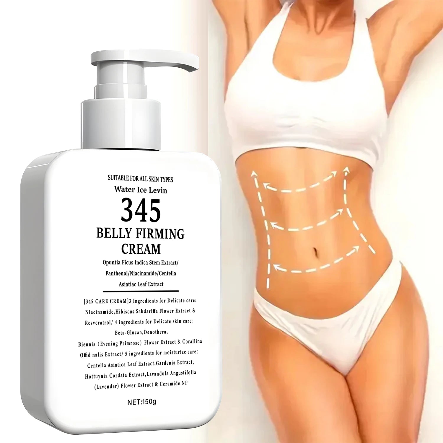 345 Extrato de haste de opuntia de creme reafirmante para barriga. Niacinamida Pantenol. Alvos Crepey Skin. Apertar firmes. Todos os tipos de pele. 150g.