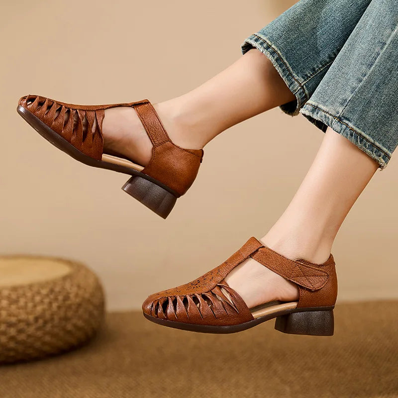 Sandálias gladiadoras de dedo fechado romano vintage para mulheres salto baixo luxo t-cinta recorte design respirável conforto sapatos ocos