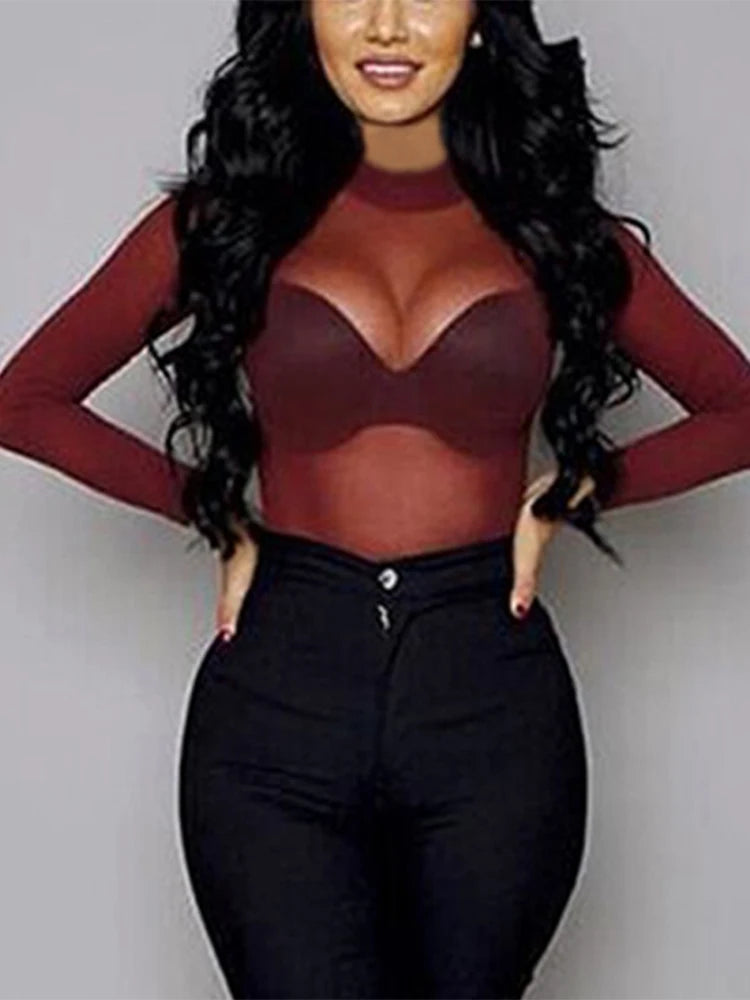 Camiseta feminina sexy ver através de malha transparente topos manga longa pura magro senhoras gola alta camiseta