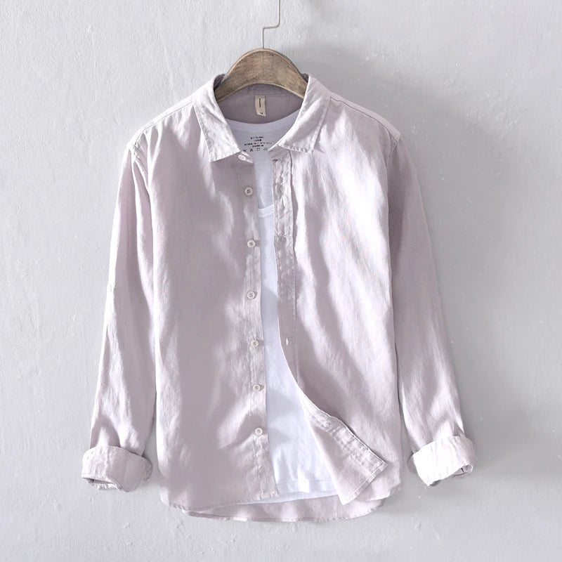 Novo designer itália estilo 100% linho camisa de manga comprida masculina marca casual 5 cores camisas brancas sólidas para homens topo chemise