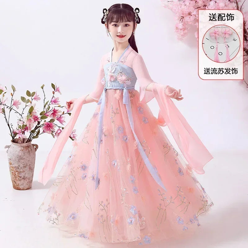 Traje de festa de verão vestidos da menina do vintage crianças roupas vestido casual bebê chinês hanfu cosplay crianças princesa meninas vestido