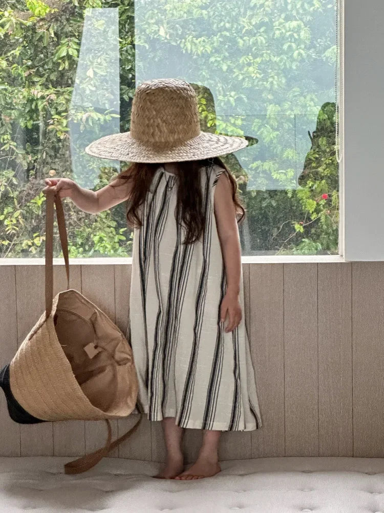 Crianças roupas meninas vestido sem mangas nova moda verão 2025 estilo coreano listra vertical francês retro vestido de férias
