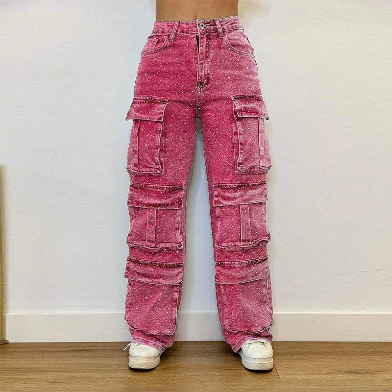 Cpsymym jeans de trabalho feminino com broca brilhante chique vários bolsos botão de cintura alta feminino jean primavera verão y2k senhora streetwear
