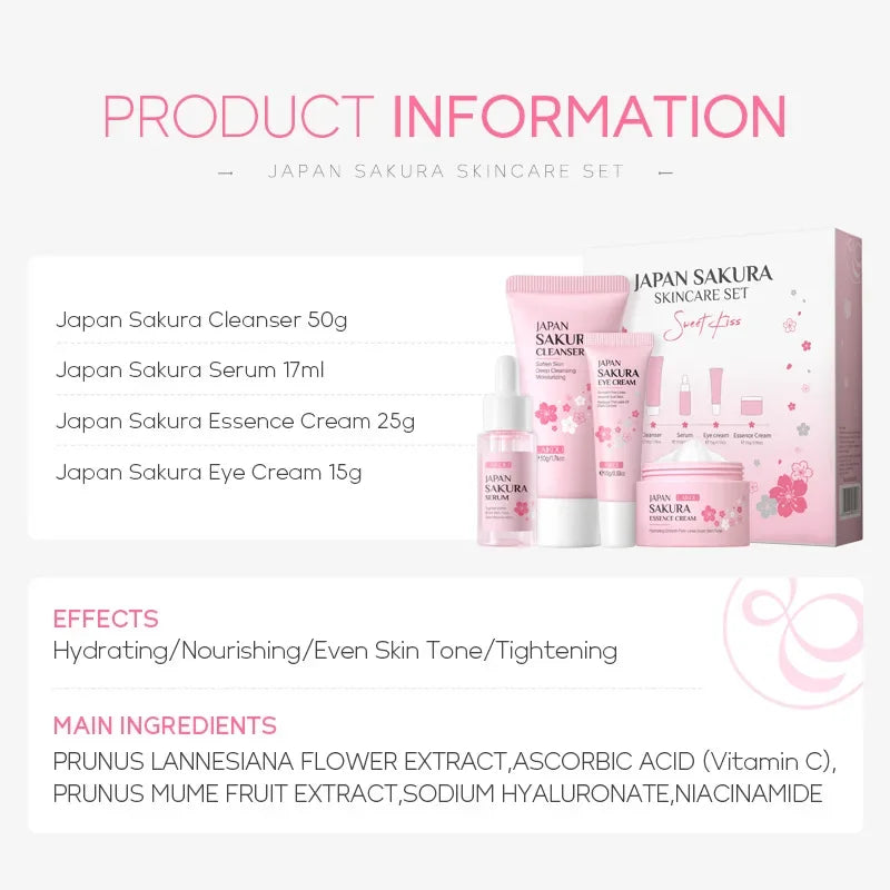 Conjuntos de cuidados com a pele Laikou Sakura com limpador, sérum, creme para os olhos, creme essencial, produtos de beleza para mulheres, presente de Natal.