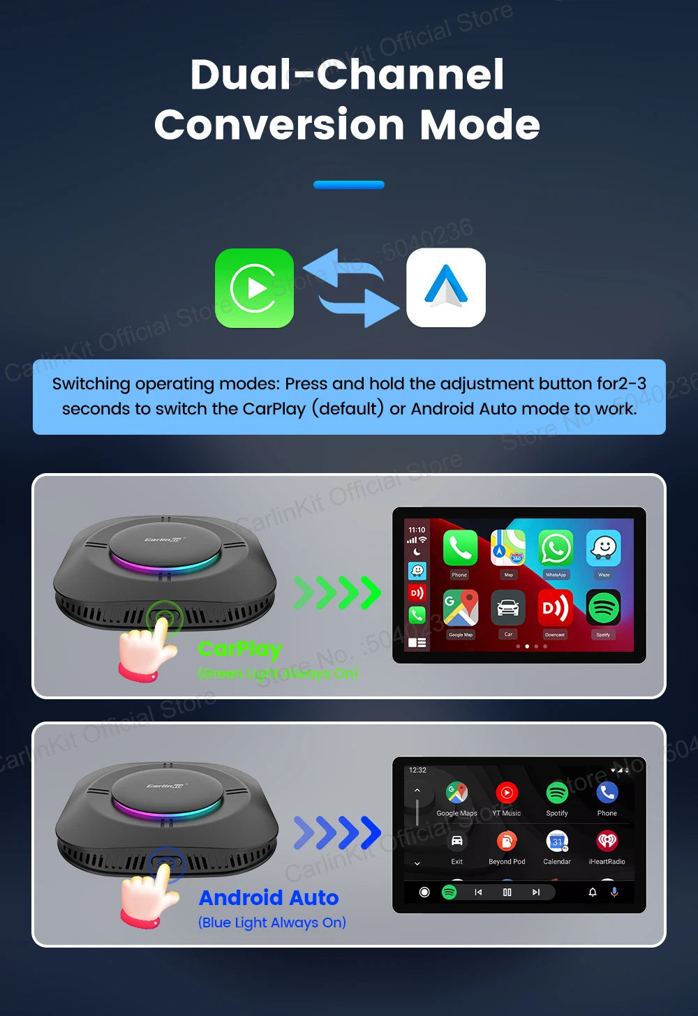 CarlinKit Android 13 LED AI Box Wireless CarPlay Wireless Android Auto Smart Car Multimedia Box Qualcomm 8-Core Chip Cartão SD Expandir para 512 GB Suporte Vídeo Online