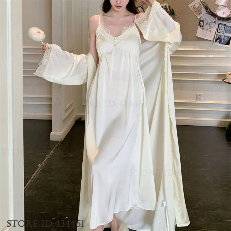 Feminino longo twinset robe conjunto sexy renda guarnição roupão de casamento quimono vestido sleepwear elegante seda gelo camisola loungewear homewear