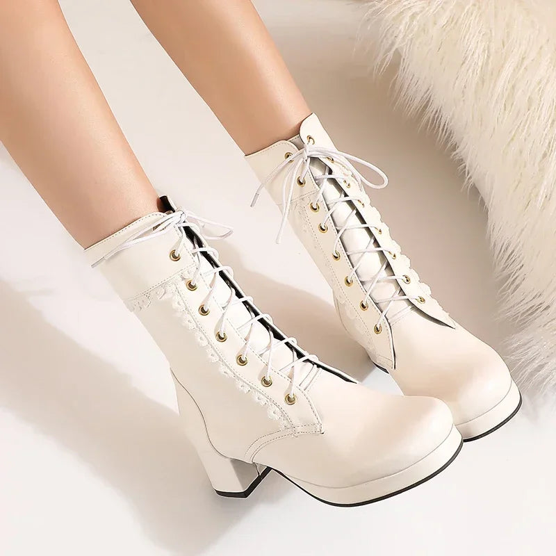 Moda feminina lolita meados de bezerro botas outono inverno elegante senhora cosplay sapatos de festa plataformas couro plus size botas dropship