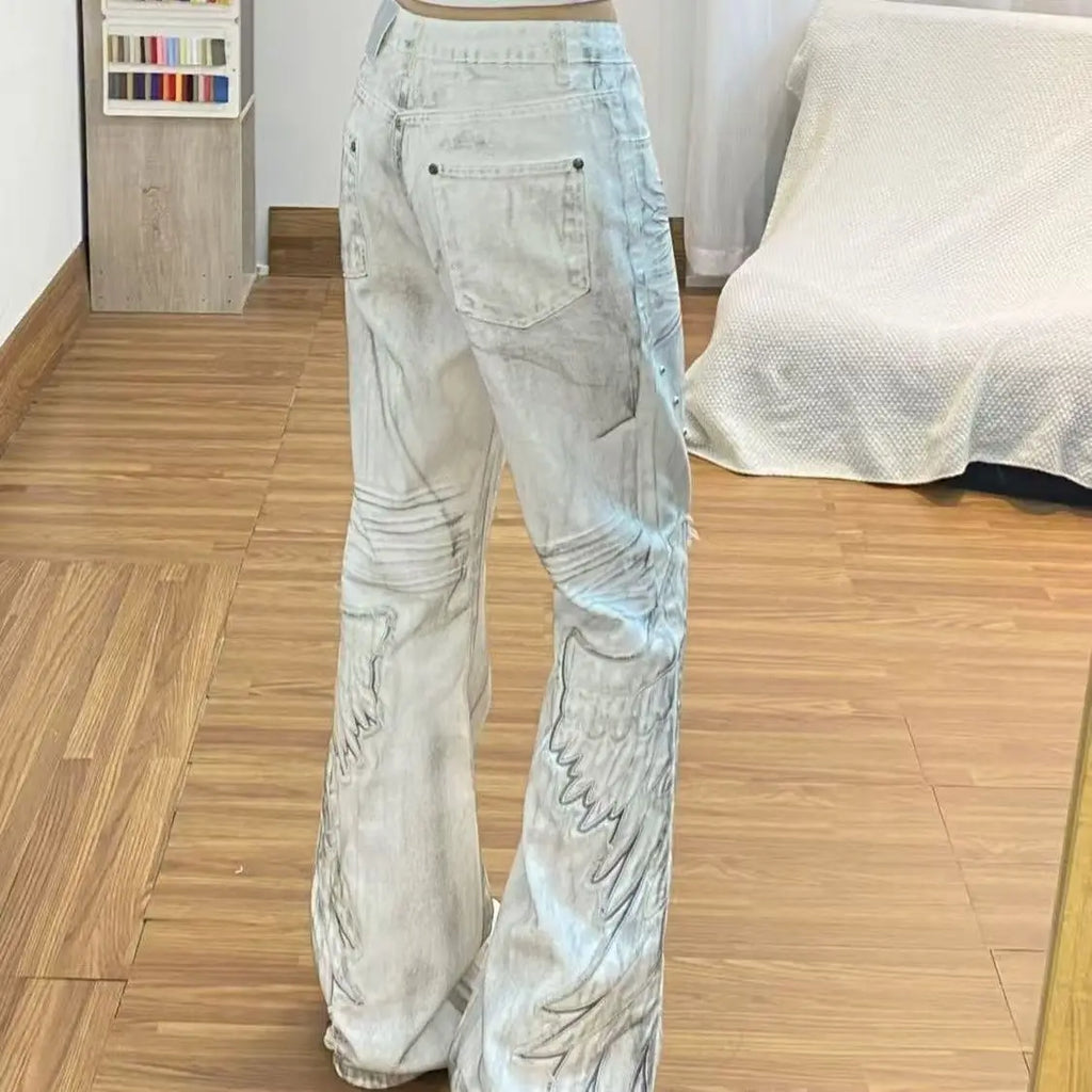 Calças Femininas Americanas Retrô Hot Girl Tie-Dye de Cintura Alta Boca de Sino Slim Rasgadas Novas de Outono e Inverno Lavadas Casuais