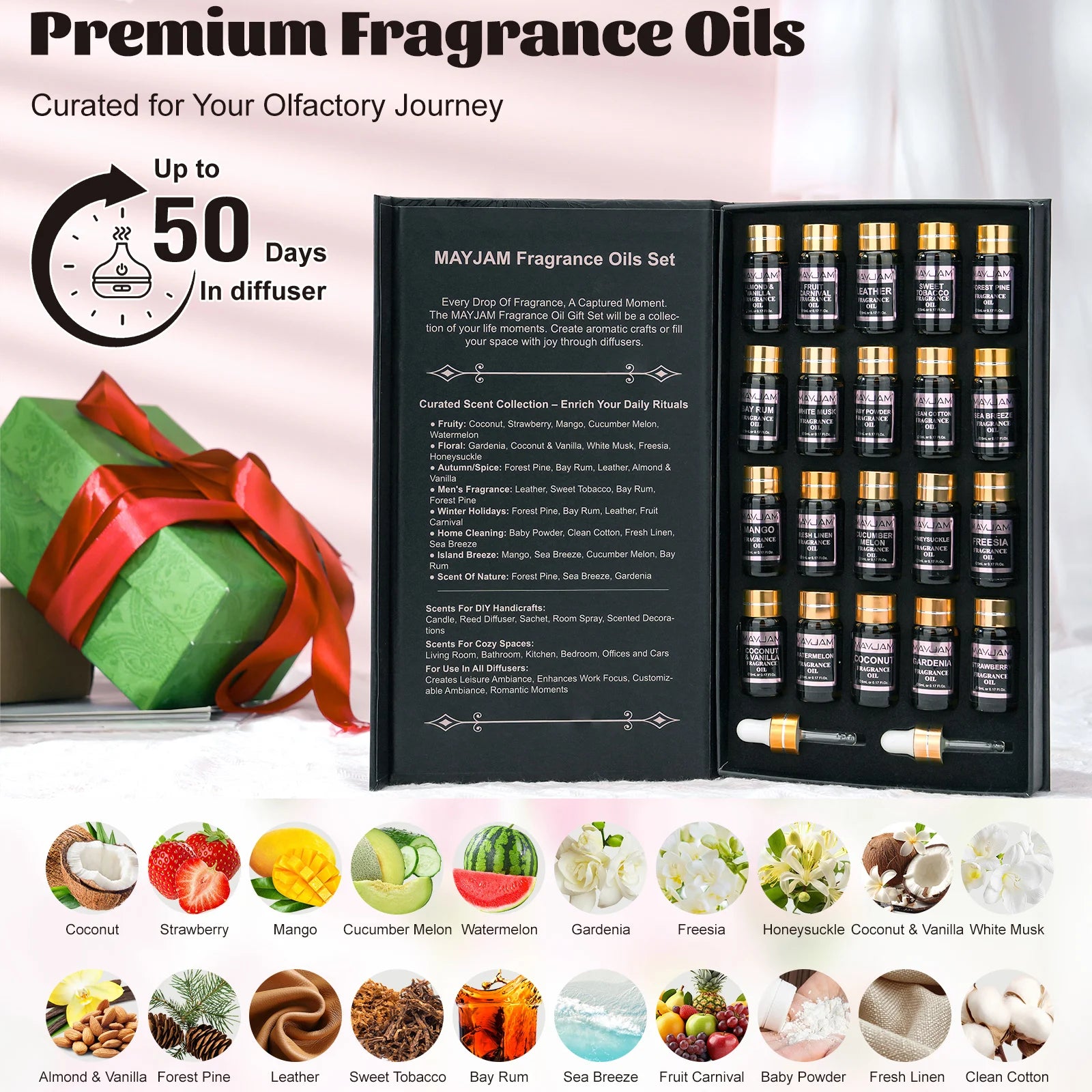 Mayjam kit de óleos de fragrância 20 pçs/set coco & baunilha almíscar branco melancia óleo de morango para umidificador difusor vela fazendo