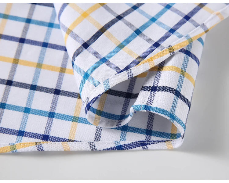 Camisas de vestido de algodão com design de gola de lapela listrada xadrez na moda masculina, camisa casual de manga comprida com botões para primavera/outono