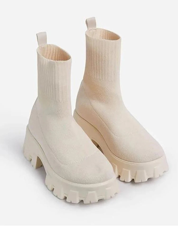 Botas femininas botas de plataforma elástica respirável primavera verão saltos botas mujer deslizamento em botas de tornozelo mulher elegante sapatos de salto